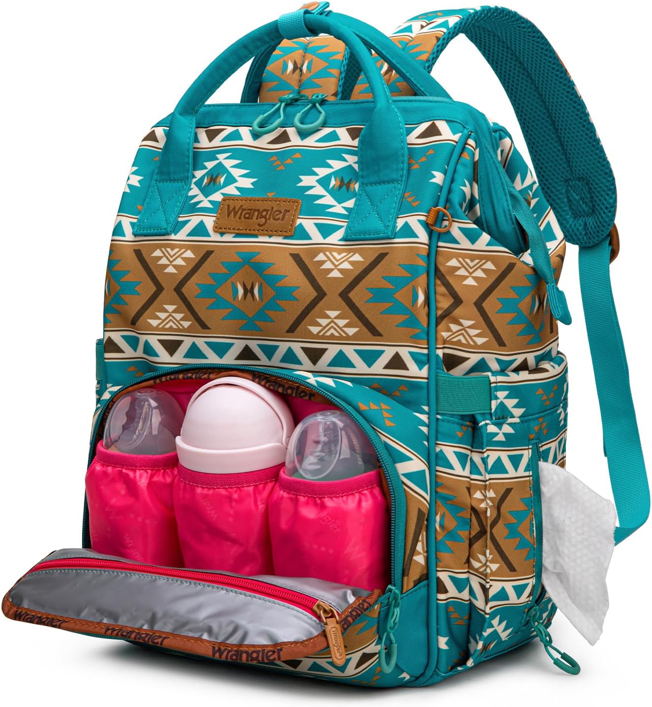 Wrangler Aztec Backpack Multifunction Baby Travel Bag with Changing Pad, Stroller Straps and Pacifier Case WG2204-91103TQ