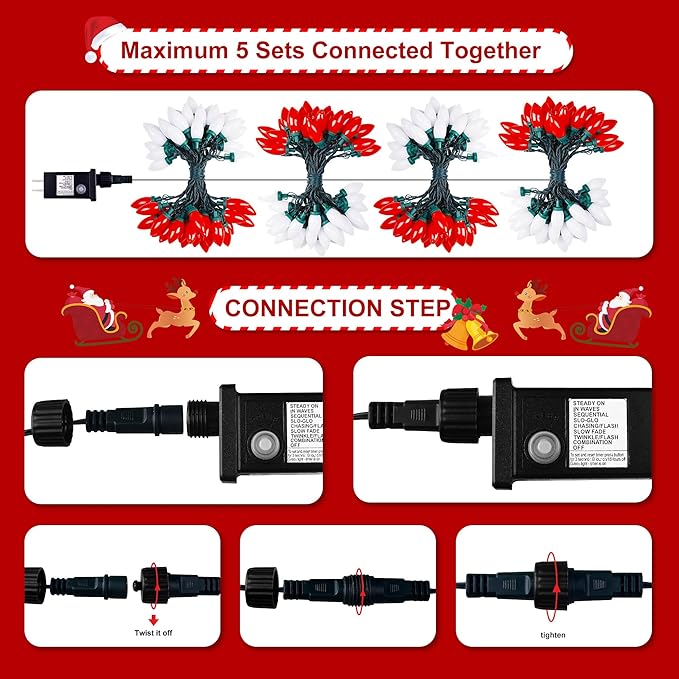 C9 Bulbs Classic Christmas Lights - 50 LED 32ft Strawberry String Light Red&White - Extendable 8 Modes Funtion with Timer Fairy Lighting for Outdoor, Indoor, Party, Home, Tree Decorations