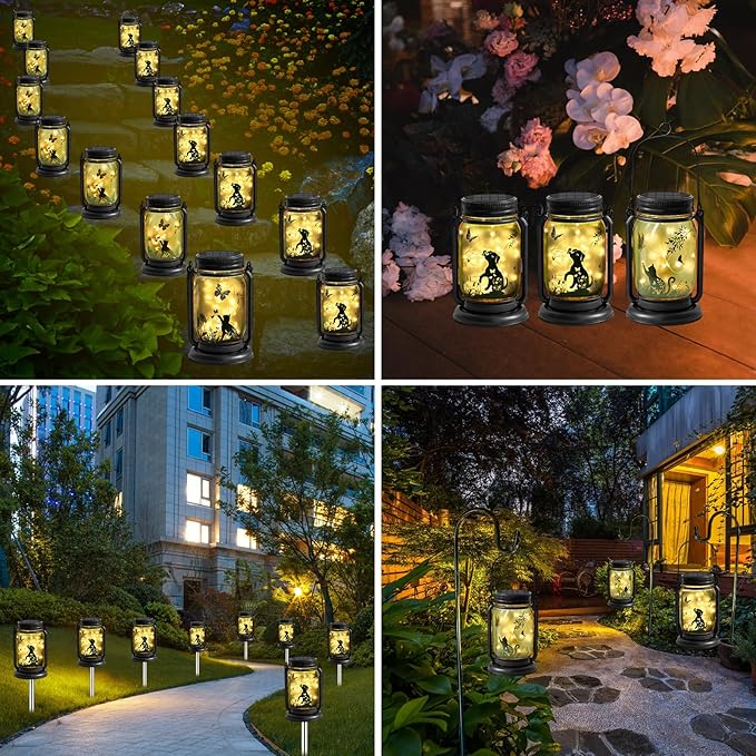 2 Pack Outdoor Hanging Solar Lantern, Cat & Dog Butterfly Vintage Glass Mason Jar, Birthday Mothers Day Gifts for Mom, Grandma, Women, Waterproof Garden lights for Patio Yard Lawn Tree Party Decor