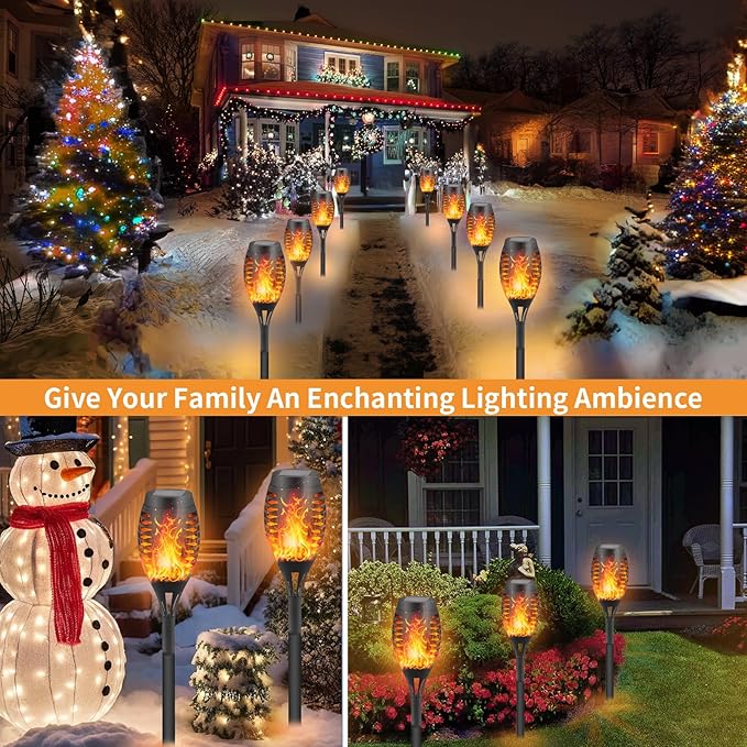 12-Pack Solar Flickering Flame Torches – Waterproof Solar Garden Lights, Outdoor Solar Lights for Yards, and Flame Torches for Patio and Pathway Decorations