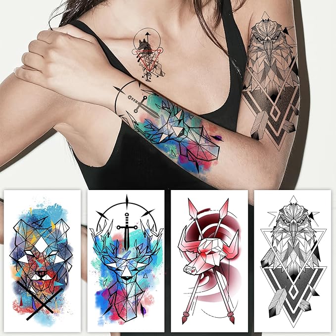 77 Sheets Geometric Animal Temporary Tattoo, 17 Sheets Half Arm 3D Lions Fox Wolf Owl Tiger Fake Tattoos for Adults Women Men, 60 Sheets Tiny Skull Cat Flower Tattoos Sticker for Kids Boy Girl