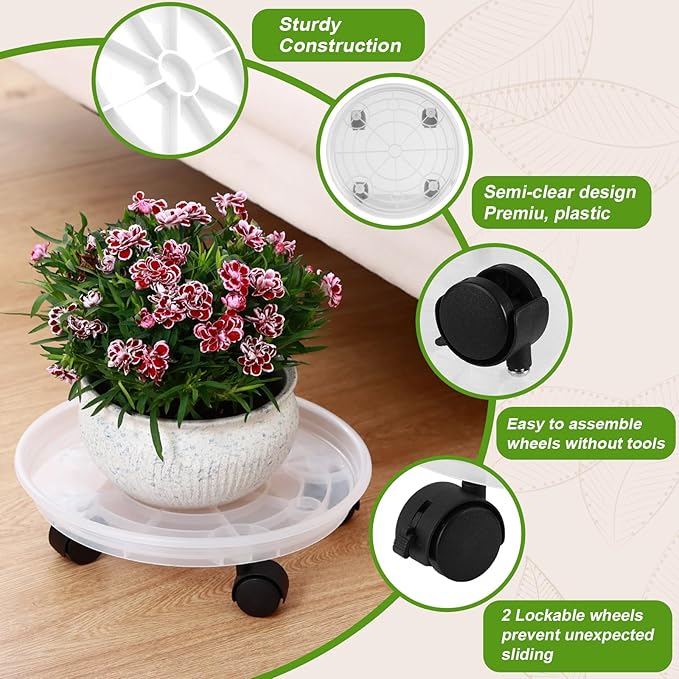 4 Packs Plant Caddy with Wheels 11.8" Plastic Rolling Plant Stands Heavy-duty Plant Dolly with Casters Indoor Outdoor Wheeled Plant Roller Base Large Planter Saucers Plant Mover