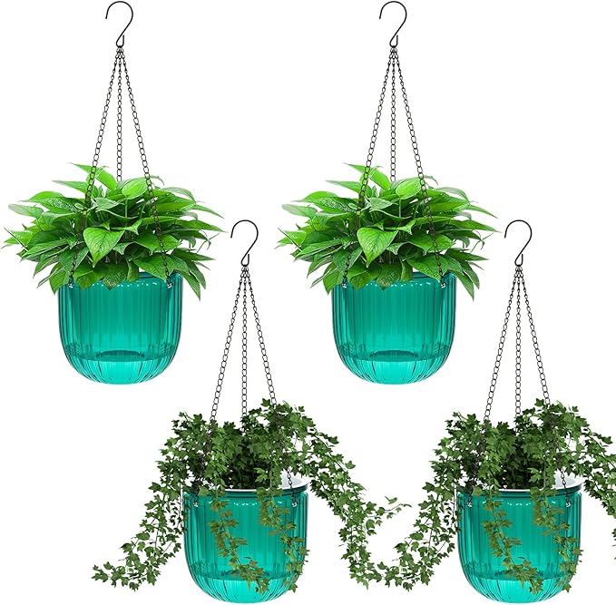 Meanplan 4 Pcs Self Watering Hanging Planter Indoor 6.5 Inch Hanging Baskets for Plants Outdoor Plastic Flower Pot with 3 Hooks Chains Drainage Holes for Garden Home, Medium Size(Emerald)