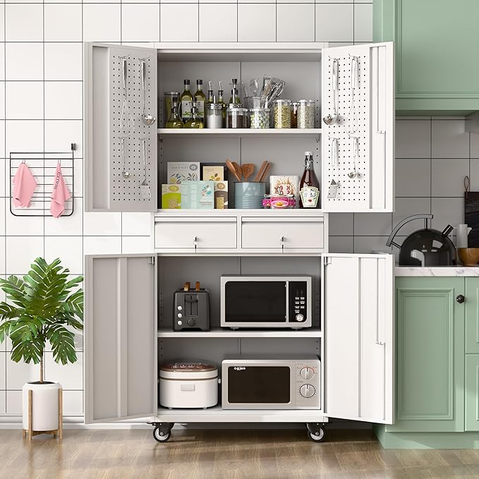 Metal Garage Storage Cabinet with Locking Doors and 2 Adjustable Shelves, Rolling Tool Storage Cabinet with 4 Wheels and 2 Drawer for Garage, Warehouse, White, Assembly Required