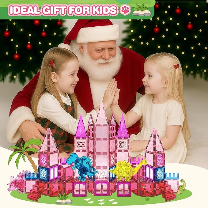 60PCS Dinosaur Toys Magnetic Tiles for Girls, Magnet Building Blocks Sensory Toy for Girls Boys Ages 3-5 4-8, STEM Learning Construction Toddler Girl Toys Birthday Gift for 3+ Years Old Kids Toy