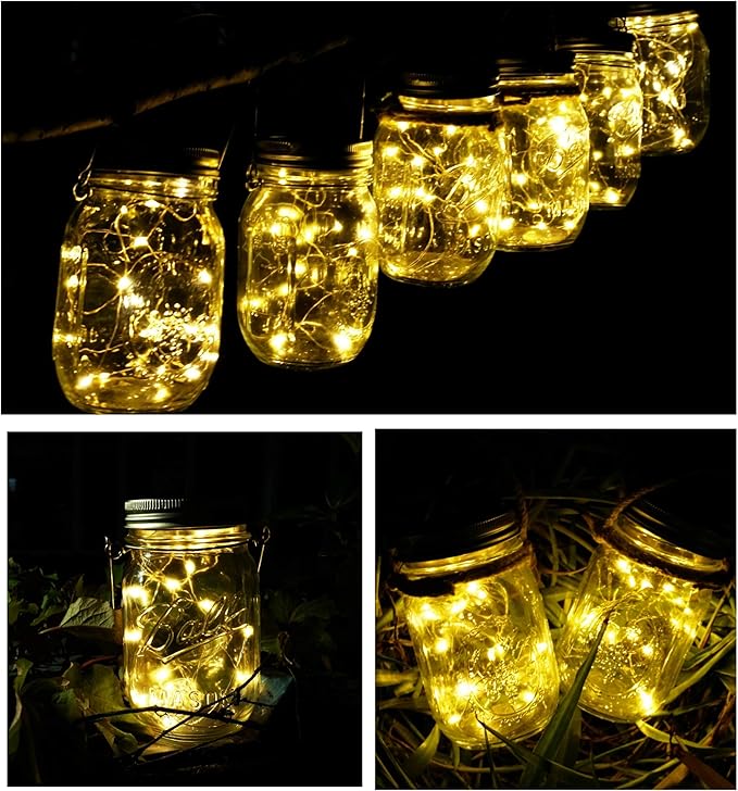 SmilingTown Solar Mason Jar String Light Lids 12 Pack 30 LED Fairy Firefly Inserts Lighting with 12 Hangers Waterproof for Outdoor Tree Patio Lawn Garden Decor, No Jars