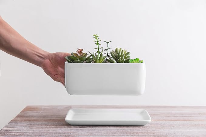 MyGift 14 Inch Modern Unglazed White Ceramic Indoor Plant Pot with Drainage Hole, Rectangular Succulent Planter Window Box with Removable Saucer, White (10 inch - 1 Pack)