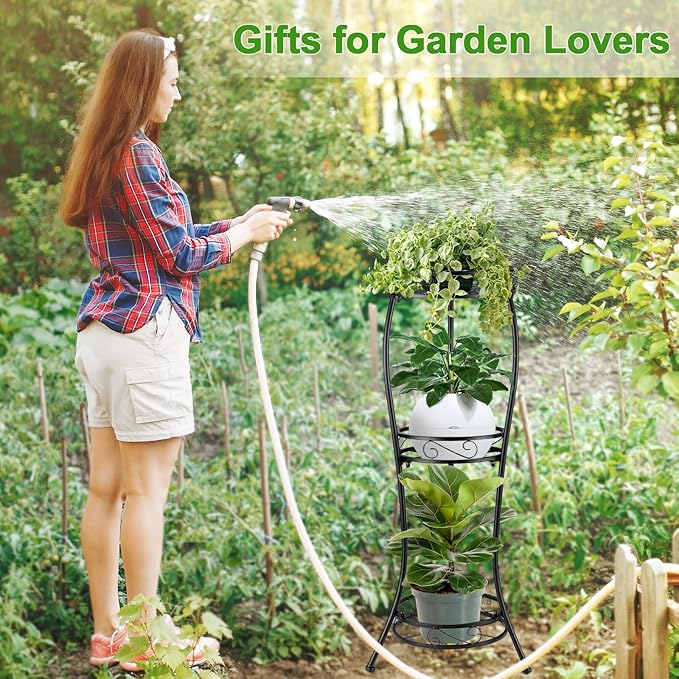 Metal Plant Stand Shelf Rack Indoor Outdoor Multiple Black 3 Tier Tall Corner Flower Pot Holder Stands Tiered Wrought Iron Planter Shelves for Patio Living Room Balcony Office (Black)