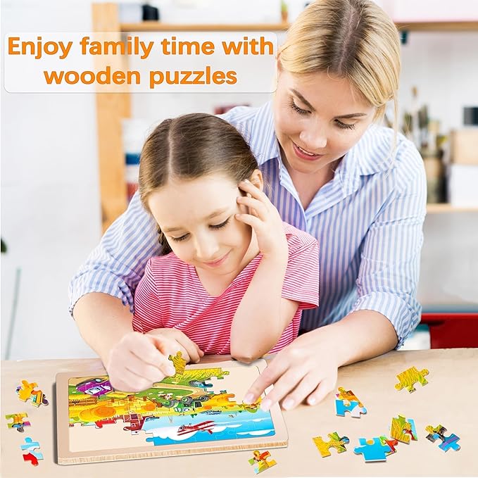 Christmas Wooden Puzzles for Kids Ages 4-6,6 Pack 60Pcs Jigsaw Wooden Car Truck Puzzles for Toddlers 3-5,Preschool Educational Brain Toys Gifts for Boys and Girls 2 4 3 5 Year Old(Vehicle)