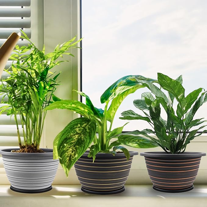 KPUVX12 inch pots for Plants, 3 Pack Large-Planter-Indoor-Outdoor,Plastic Flower Pots with Saucer and Drainage Holes, Retro Antique Imitation Decorative Garden Containers Sets for Houseplant(Gold)