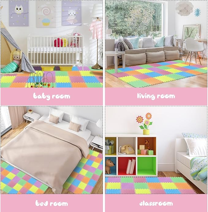 Shihanee Foam Floor Baby Tiles Foam Floor Mats Play Mats Bulk with Borders Interlocking for Kids Baby Playroom Nursery Gym (Colorful,64ft)