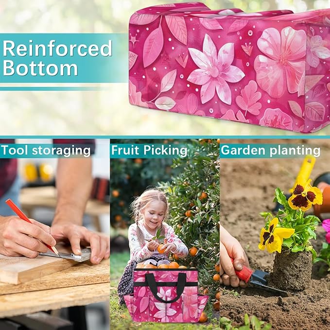 Rose Red flower Gardening Tool Bag,Heavy Duty Garden Tote Bag,Portable Oxford Gardening Storage Basket Organizer Handbag with Pockets Handle,Hand Tools Gifts for Outdoor Garden Lawn