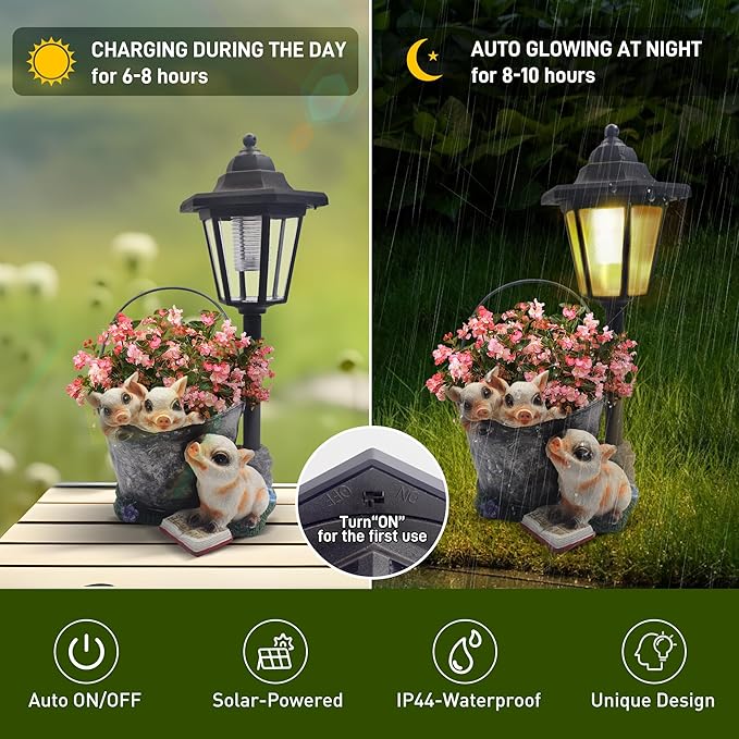 Outdoor Pigs Statues Solar Sculptures with Solar Lights and Flowerpot Funny Garden Decor Animal Figurines Resin Outdoor Statues for Patio Yard Lawn Balcony Gifts