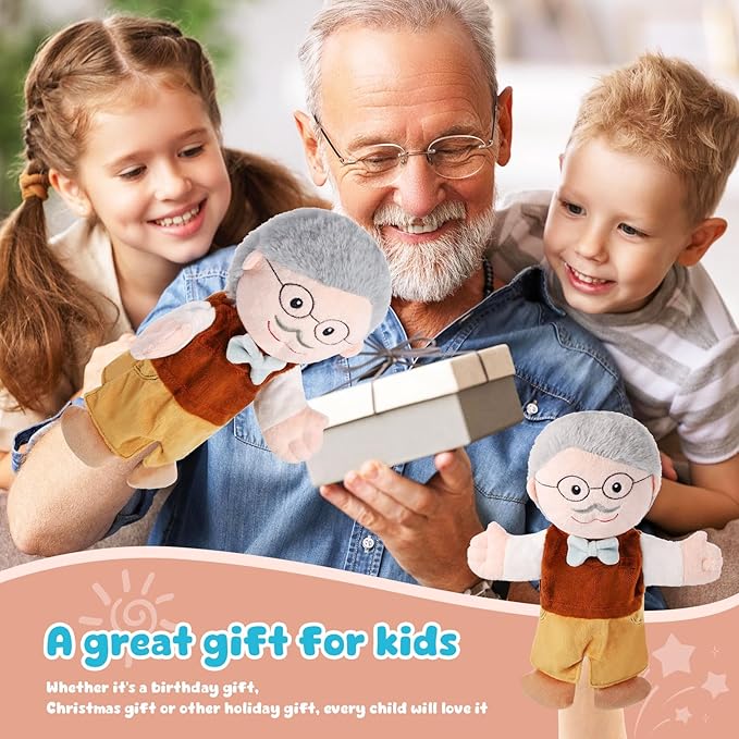 1 Pcs Family Hand Puppets 12 Inch Grandparents, Mom & Dad, Brother & Sister Plush Hand Puppet Toys Role-Play Toy Puppets for Kids Storytelling Imaginative Pretend Play Teaching Preschool(Grandpa A)