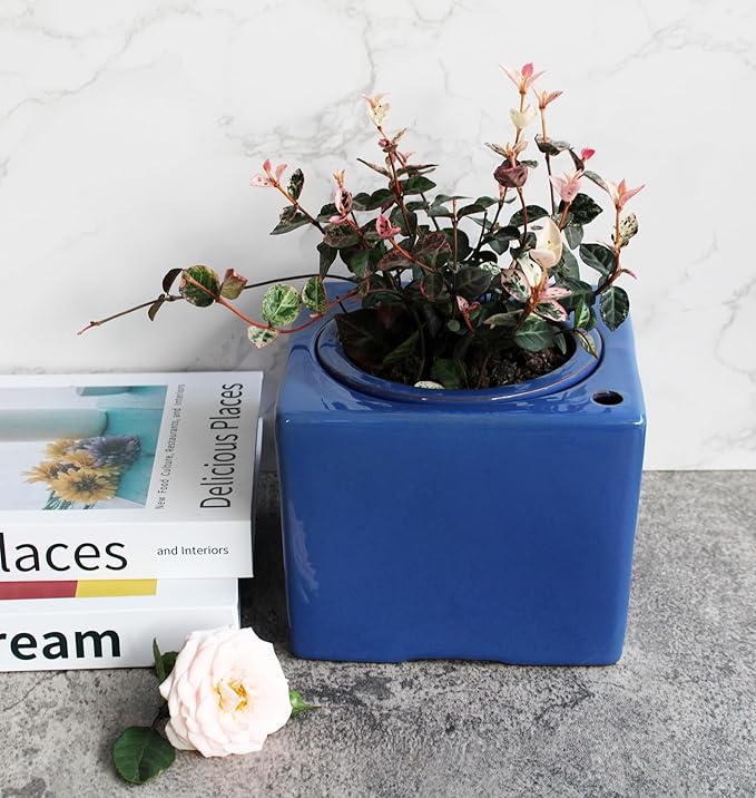 2-Pack Ceramic African Violet Self Watering Pot 6 Inch Square Pot 3.5 Inch Innter Pot Easy Fill Water Reservoir Blue