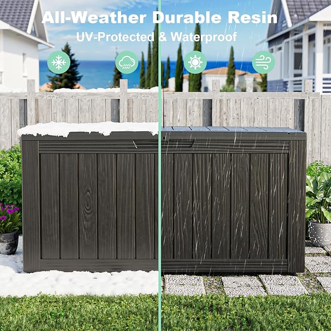 86 Gallon Outdoor Deck Box,Storage Lockable Waterproof Patio Furniture,Garden Tools,Cushions,Pool Accessories Outside Storage Resin Box(Black)