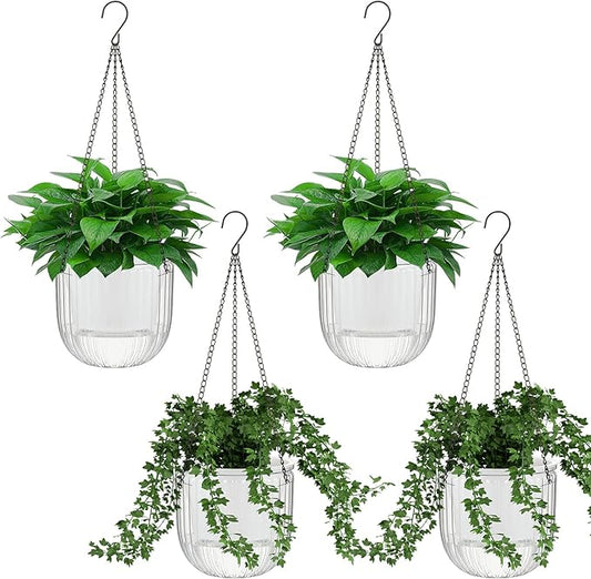 Meanplan 4 Pcs Self Watering Hanging Planter Indoor 6.5 Inch Hanging Baskets for Plants Outdoor Plastic Flower Pot with 3 Hooks Chains Drainage Holes for Garden Home, Medium Size(Clear)