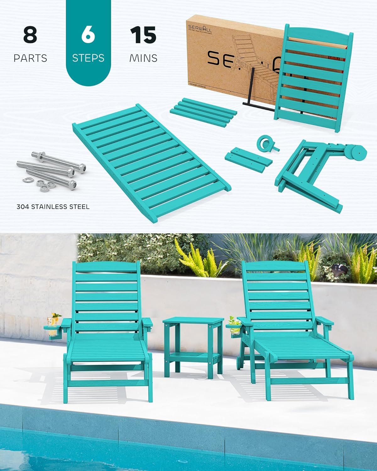 SERWALL Patio Chaise Lounge Chair, 78'' Long HDPE 5 Positions Adjustable Outdoor Lounger, Poly Lounge Chair with Rolling Wheels & Cup Holder for Pool, Aqua Blue
