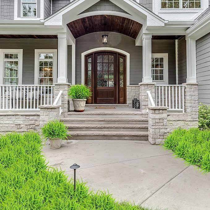 Ouddy Decor 16 Bundles Artificial Plants Outdoor Fake Grass Greenery Stems UV Resistant Faux Plastic Shrubs for Spring Summer Garden Pathway Window Box Front Porch Home Decor, Green