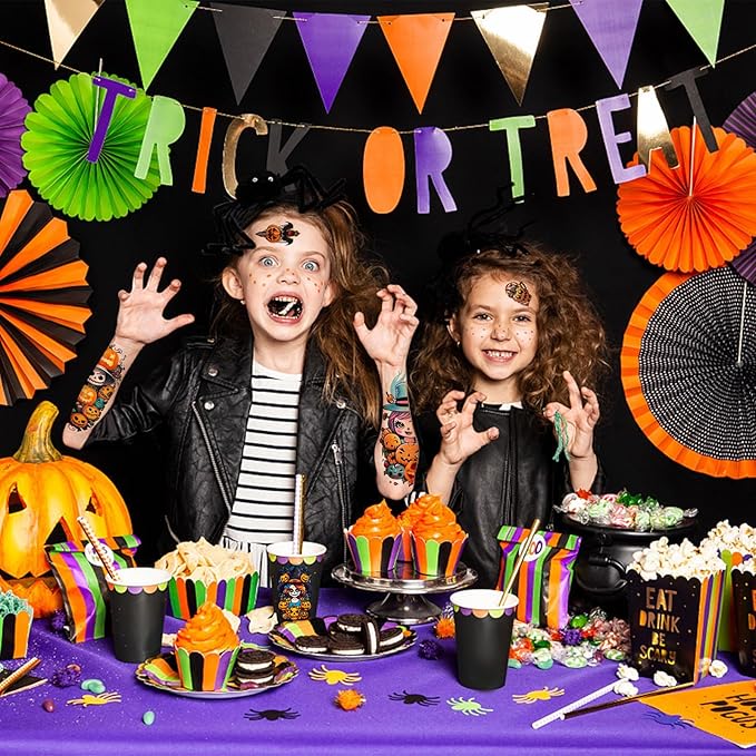 52 Pcs Bright colors Halloween Temporary Tattoo for Kids Full Arm for Girls Boys Pumpkin Ghost Castle Monster Body Face Fake Arm Tattoos Makeup Tiny Tattoo Stickers Scary Halloween Party Supplies