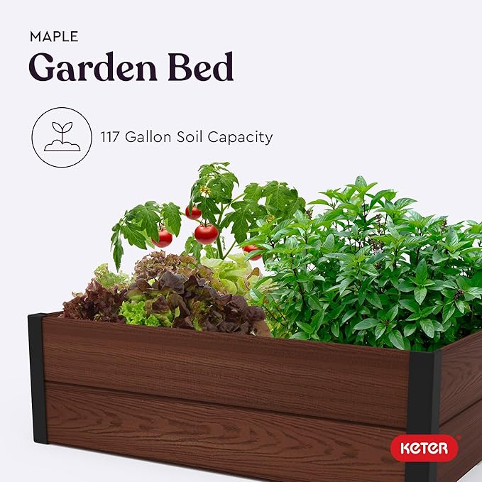 Keter 48" X 48" inches Wood Look Raised Garden Bed, Durable Outdoor Herb Garden Planter for Vegetables, Flowers, and Succulents, Brown