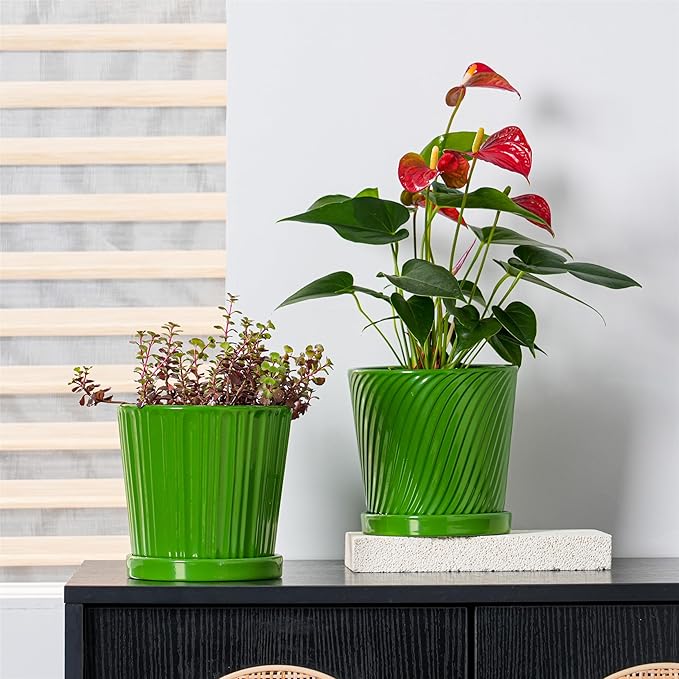 Ton Sin Plant Pots, 6 Inch Flower Pots for Plants,Ceramic Planter with Drainage Holes,Indoor Planter Pots with Saucer,Outdoor Garden Pots (Green, 4 Pack)