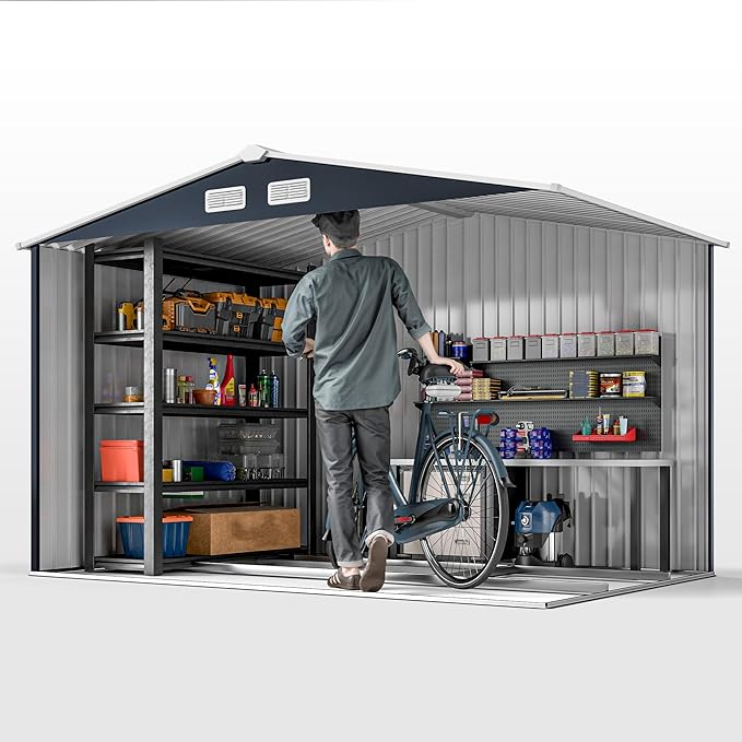 Outsunny 9' x 6' Outdoor Storage Shed, Garden Tool Metal Shed with Foundation Kit, Double Lockable Door, Air Vents and Sloping Roof, for Backyard, Patio, Lawn, Dark Gray