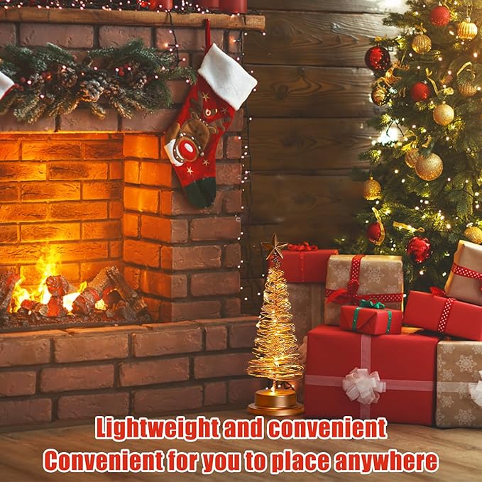 Christmas Tree Lamp, Spiral Christmas Tree with Glittering Star, AA Battery Operated Gold Christmas Tree Light with Metal Stand for Christmas Table Decoration(Batteries not Included)
