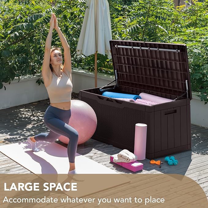 Devoko 100 Gallon Deck Box, Waterproof Resin Outdoor Storage Box with Cushion for Outside and Patio, Large Outdoor Storage Bench Cabinet Lockable for Patio Furniture and Garden Tools (Deep Brown)