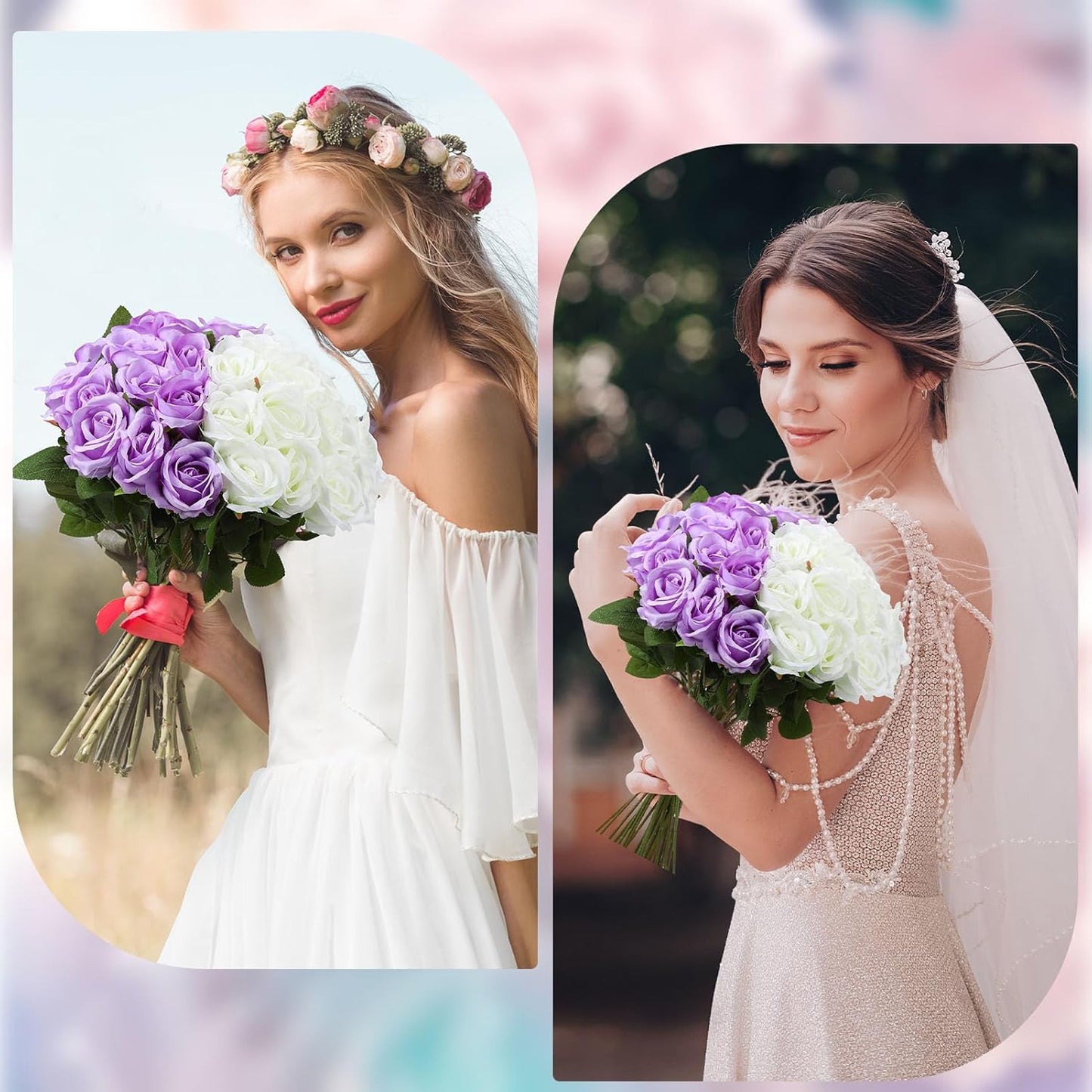 Hoemwarm 36 Pcs Silk Purple White Rose Bouquet Bridal Artificial Flowers,Fake Rose Long Stem Realistic Flowers Bulk for Wedding Bouquet Ball Arrangement Centerpiece Party Decor