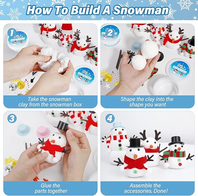 60 Pack Snowman Kit, Christmas Crafts for Kids DIY Kit Bulk, Build a Snowman Set Indoor Decor, Christmas Creative Air Dry Modeling Clay, Xmas Activities Family School Party Snowman Making Supplies