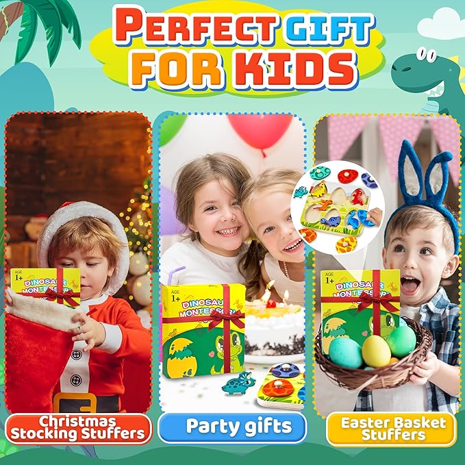 Christmas Stocking Stuffers Dinosaur Wooden Puzzles for Toddlers 1-3 Year Old, Matching Eggs Peg Puzzle Birthday Gifts for Babies Fine Motor Skills Montessori Toys for Toddler Age 2-4 Boys Girls