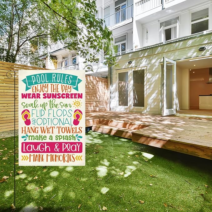 Patio Summer Clearance Pool Garden Flag Welcome to Our Patio Sign Outdoor Decorations Small Double Sided Burlap art Stained Glass Style Garden Flags 12 x 18 Inch for Outside