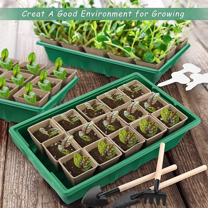 4 Pack Seed Starter Tray Kit, 120 Square Seed Peat Pots for Seedlings with Plants Labels, Planting Tools, Plastic Growing Germination Trays with Lids for Indoor Outdoor Gardening, Green