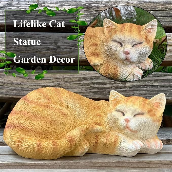 Sleeping Cat Statue Garden Decor, Outdoor Cat Sculpture & Figurine Lawn Ornament, Orange Tabby Statue for Patio, Lawn, Yard Decorative, Cute Kitten Garden Decor Outside Statue