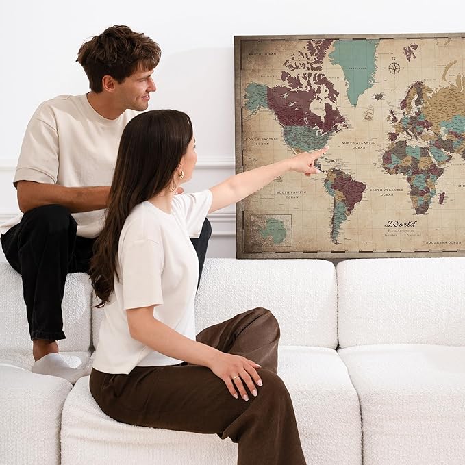 Canvas World Map with Cork Pin Board - English Lettering - Decorative Wall Decoration for All Rooms - Canvas Pictures with World Map Motif (70x50 cm, Pattern 12)