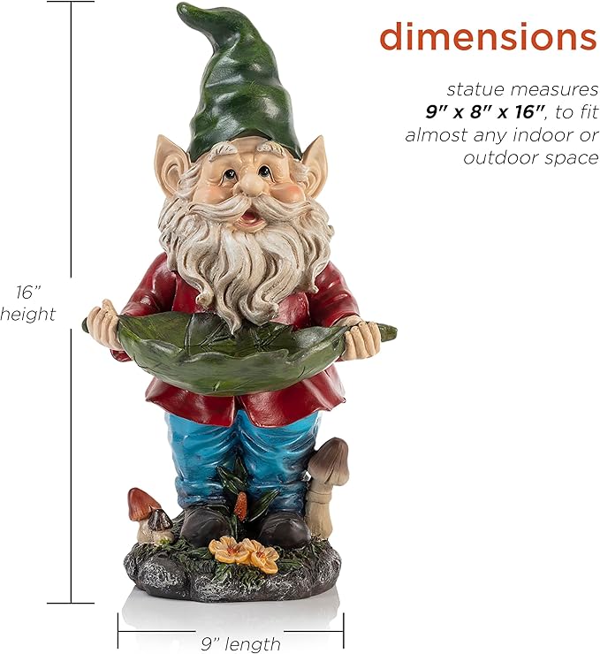 Alpine Corporation 16" Tall Outdoor Garden Gnome and Bird Feeder Yard Statue Decoration