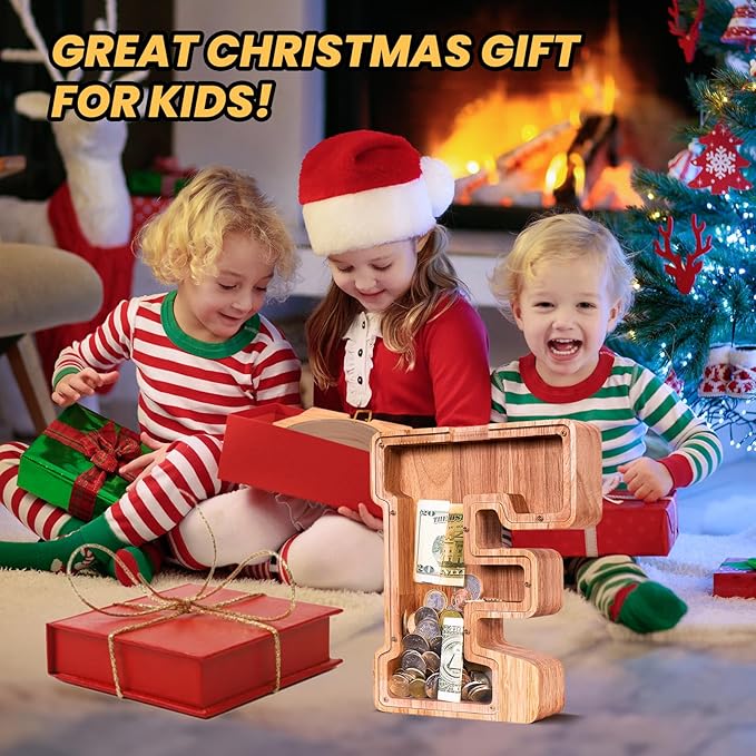 KMC Wooden Letter Piggy Bank, Personalized Initial Piggy Bank for Kids Boys, Clear Alphabet F Wood Money Box, Unbreakable Coin Saving Jar, Birthday, for Children