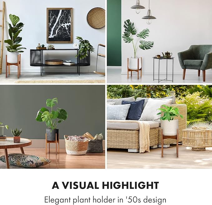 Fox & Fern Mid Century Plant Stand — 10 Inch Fixed Size Wooden Plant Stand for Indoor Planters; Raised Flower Pot Holder for Indoors; Plug In Design; Two Height Options; Easy to Assemble - Acacia