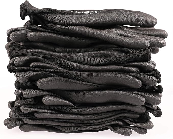 DULFINE Ultra-Thin PU Coated Work Gloves-12 Pairs,Excellent Grip,Nylon Shell Black Polyurethane Coated Safety Work Gloves, Knit Wrist Cuff,Ideal for Light Duty Work. (XX-Large)