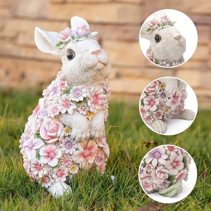 Rabbit Statue Outdoor Statues Bunny Figurines Garden Decor Resin Easter Decorations Bunnies Gifts Home House Kitchen Figurine Patio Lawn Yard Art Housewarming Funny Decoration (10inch)
