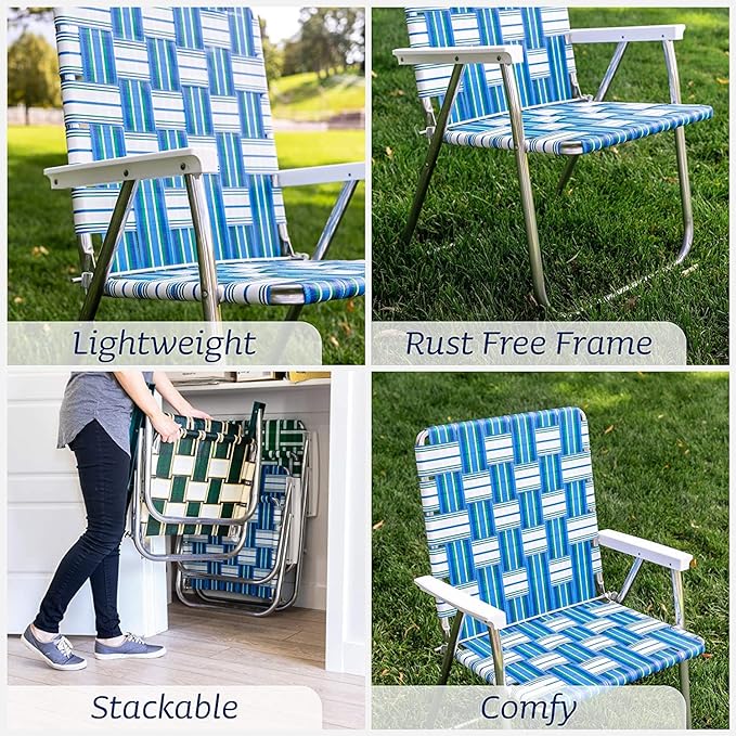 Lawn Chair USA - Outdoor Chairs for Camping. Made with Lightweight Aluminum Frames and UV-Resistant Webbing. Folds for Easy Storage 2- Pack (Sea Island with White Arms, Magnum)