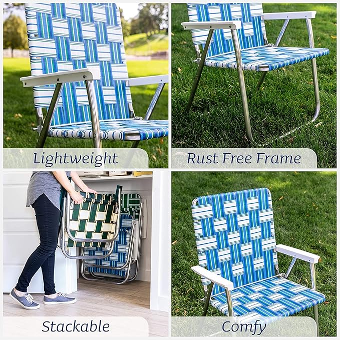 Lawn Chair USA - Outdoor Chairs for Camping. Made with Lightweight Aluminum Frames and UV-Resistant Webbing. Folds for Easy Storage 2- Pack (Charleston with Green Arms, Magnum)