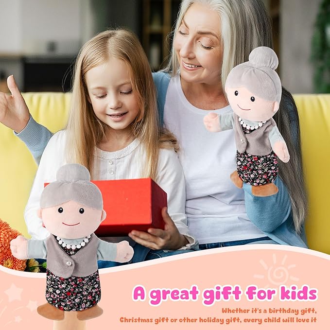 1 Pcs Family Hand Puppets 12 Inch Grandparents, Mom & Dad, Brother & Sister Plush Hand Puppet Toys Role-Play Toy Puppets for Kids Storytelling Imaginative Pretend Play Teaching Preschool(Grandma A)
