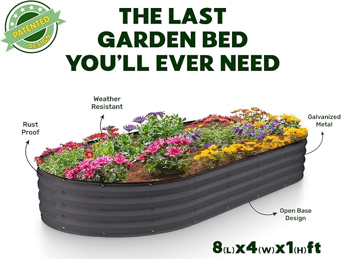 Galvanized Raised Garden Beds Outdoor // 8×4×1 ft Planter Raised Beds for Gardening, Vegetables, Flowers // Large Metal Garden Box // Patented Tool-Free Design (Gray)