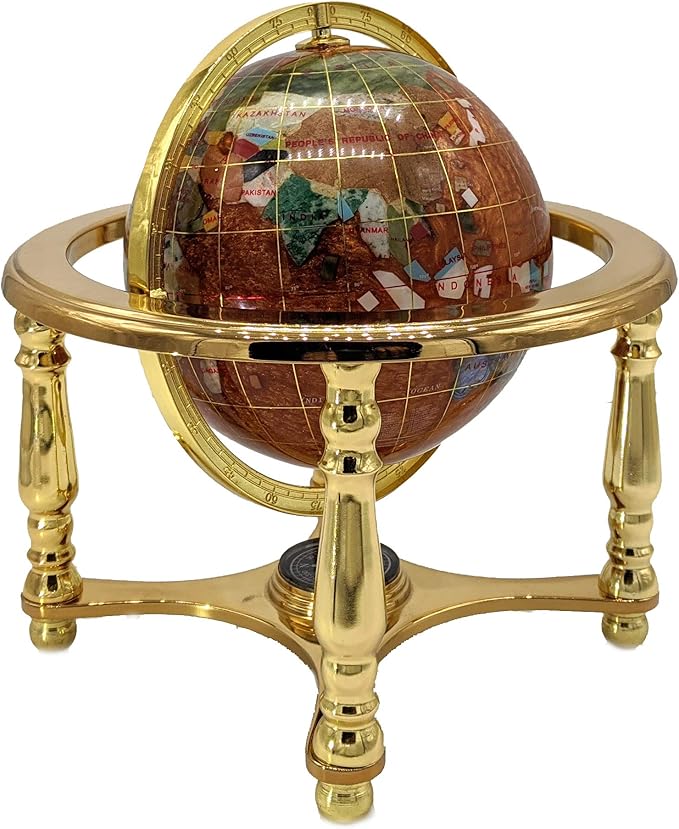Unique Art 10-Inch Tall Table Top Amber Pearl Swirl Ocean Gemstone World Globe with Gold Tripod Stand (Amber-4 Leg-Gold)