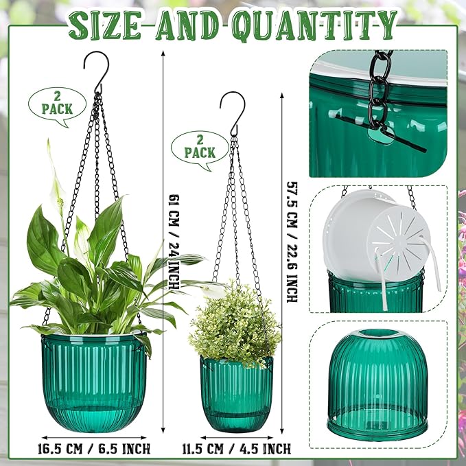 Maxcheck 4 Pcs Self Watering Hanging Planters Indoor 6.5'' 4.5'' Hanging Flower Pots Baskets Outdoor Self Watering Hanging Plant with 3hooks Drainage Holes for Home(Emerald)