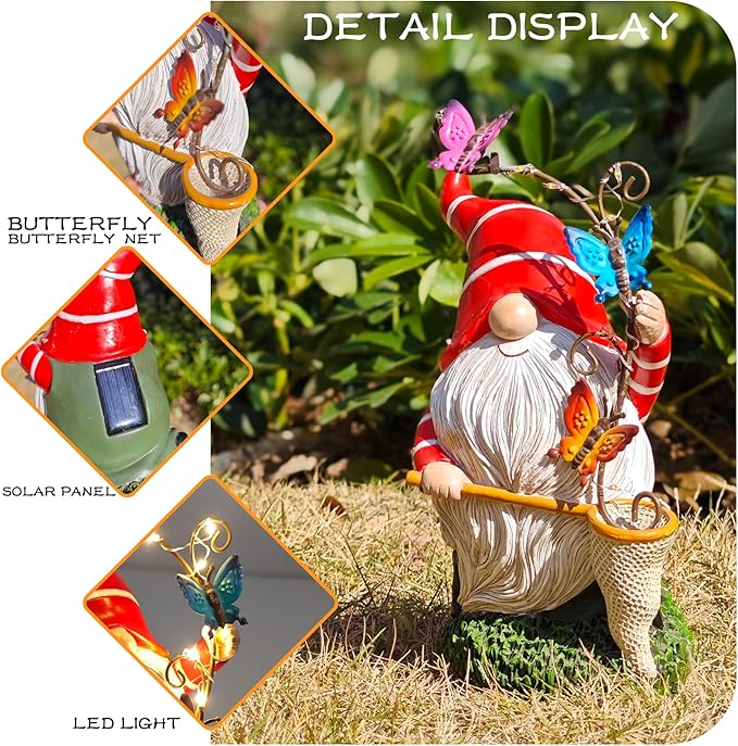 Solar Powered Gnome Garden Statue with Iron Butterflies - LED Lighted Garden Decorations, Resin Gnome with Butterfly Net, Gifts for Women and Men,Outdoor Decor Ornaments for Outside