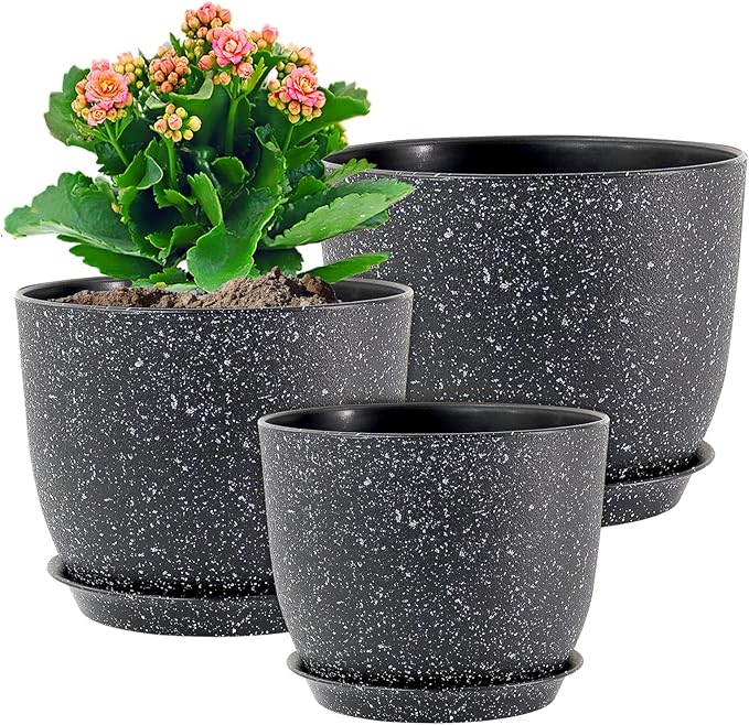 Plant Pots 10/9/8 inch, Set of 3 Modern Decorative Plastic Planters with Drainage Holes and Saucers for Garden House Plants, Flower Pots for Indoor Outdoor Plants, Speckled Black