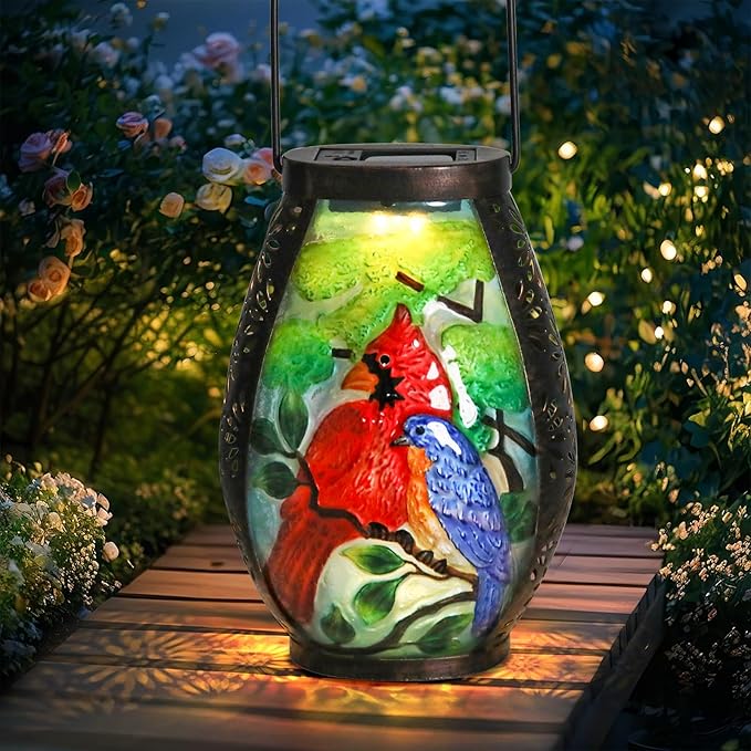 MUMTOP Solar Lanterns Outdoor Waterproof Cardinal Bluebird Solar Powered LED Lights Hanging Solar Lantern Metal Decorative for Patio Table Garden Outside Yard Backyard